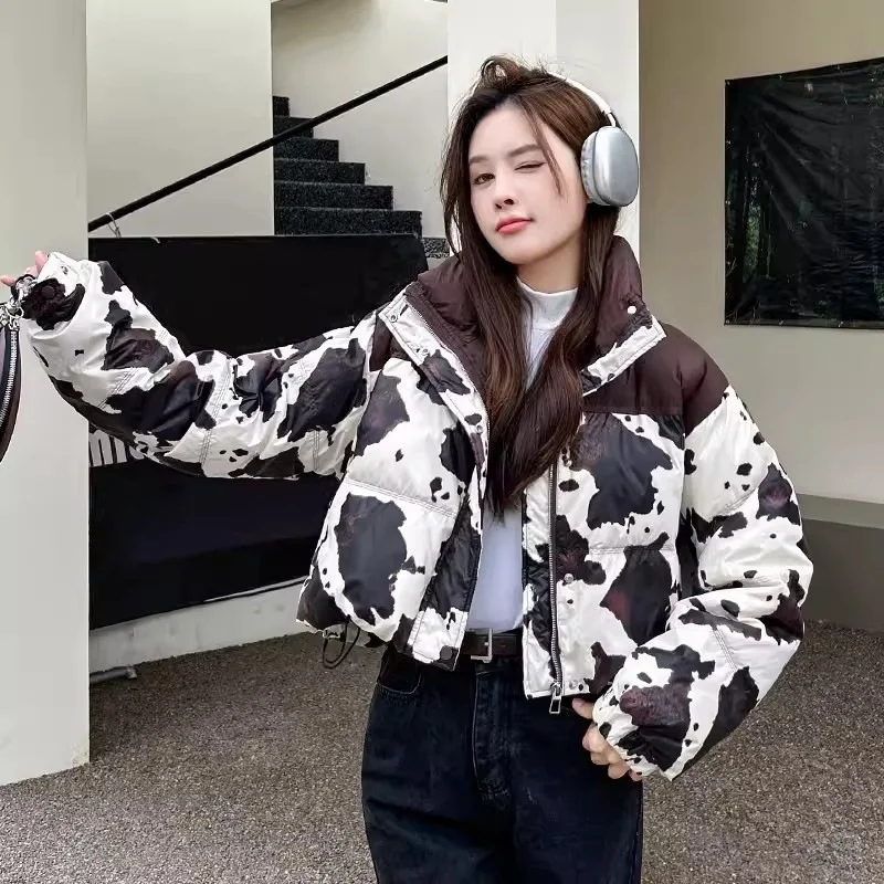 

Winter Short Milk Print Stand Collar Parker Down Jacket Female Zipper Drawstring Outwears Women White Duck Down Puff Warm Jacket
