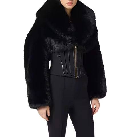 TWOTWINSTYLE Black Slimming Spliced Zipper Jackets for Women Lapel Long Sleeves Tunic Patchwork Fur Fashion Jacket Female New