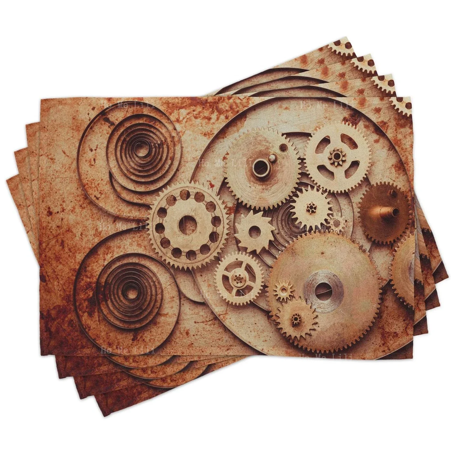 Vintage Mechanical Clocks Details Old Rusty Look Backdrop Gears Steampunk Design Washable Fabric Placemats