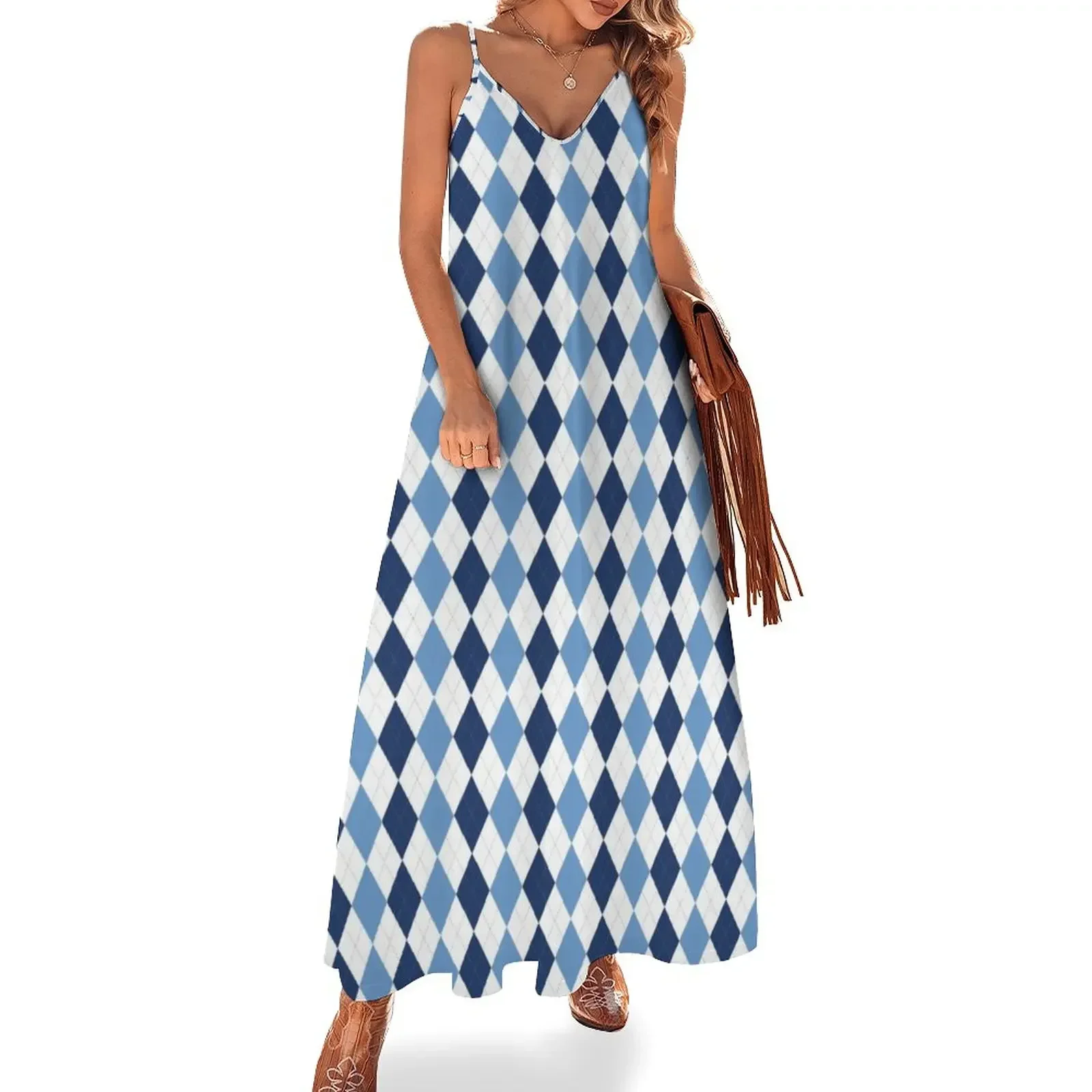 Navy/Carolina Argyle Sleeveless Dress women dresses women's clothing korea stylish Dress