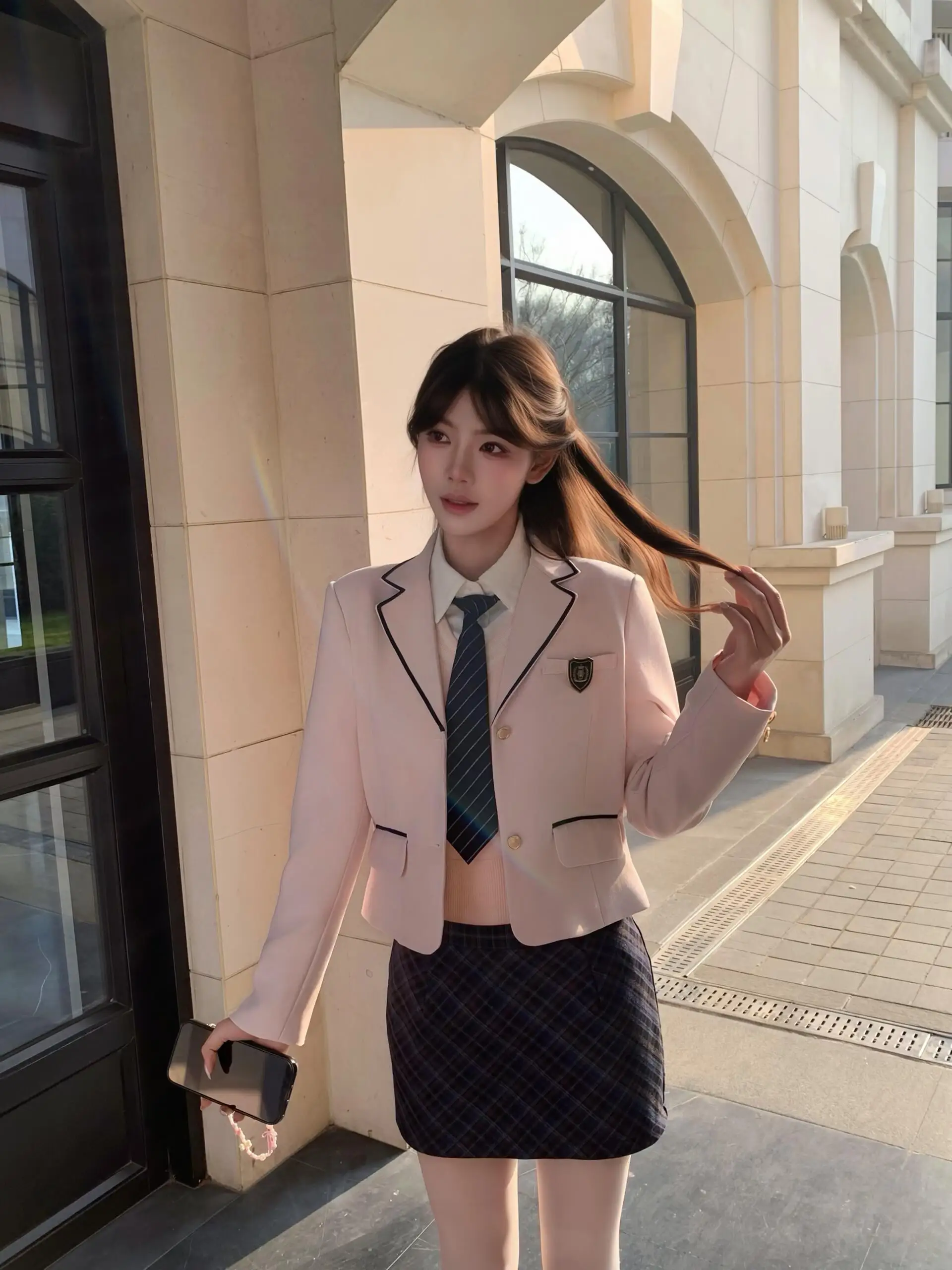 

Pink Plaid Suit Jaet School orm Sle Tee-Piece Set Women's Slim Fit Long Sve Button up Faion Daily Wear