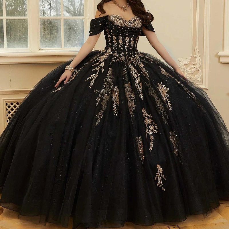 

Black Princess Quinceanera Dress Off Shoulder Gold Lace Applique Beading Tull Corset Sweet 16 Birthday Party Gown Vestido De 15