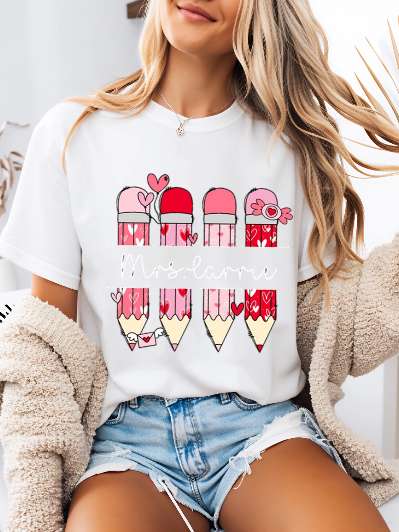 T-shirt per San Valentino con stampa di matite e cuori carini Abbigliamento casual da donna Bianco Taglie forti