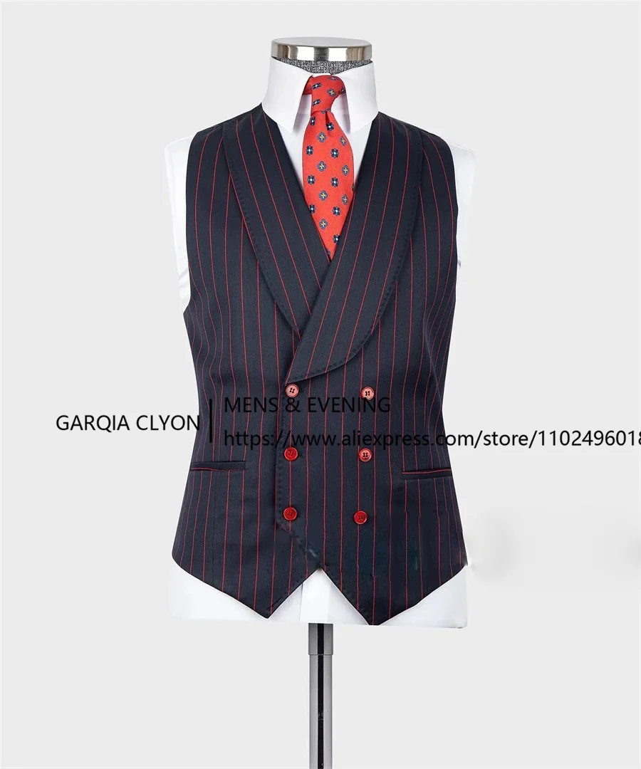 Men's Suit Navy Blue Red Stripe Tuxedo 3PCS Blazer Vest Pants Autumn/Winter For Wedding Groom Formal Business Party Male Costume