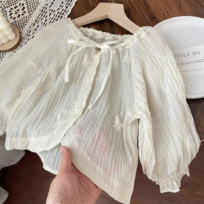 Girls Baby Butterfly Jacquard  Lace-up Shawl Loose Korean Girls Air Conditioning Cardigan Summer Children's Thin Coat