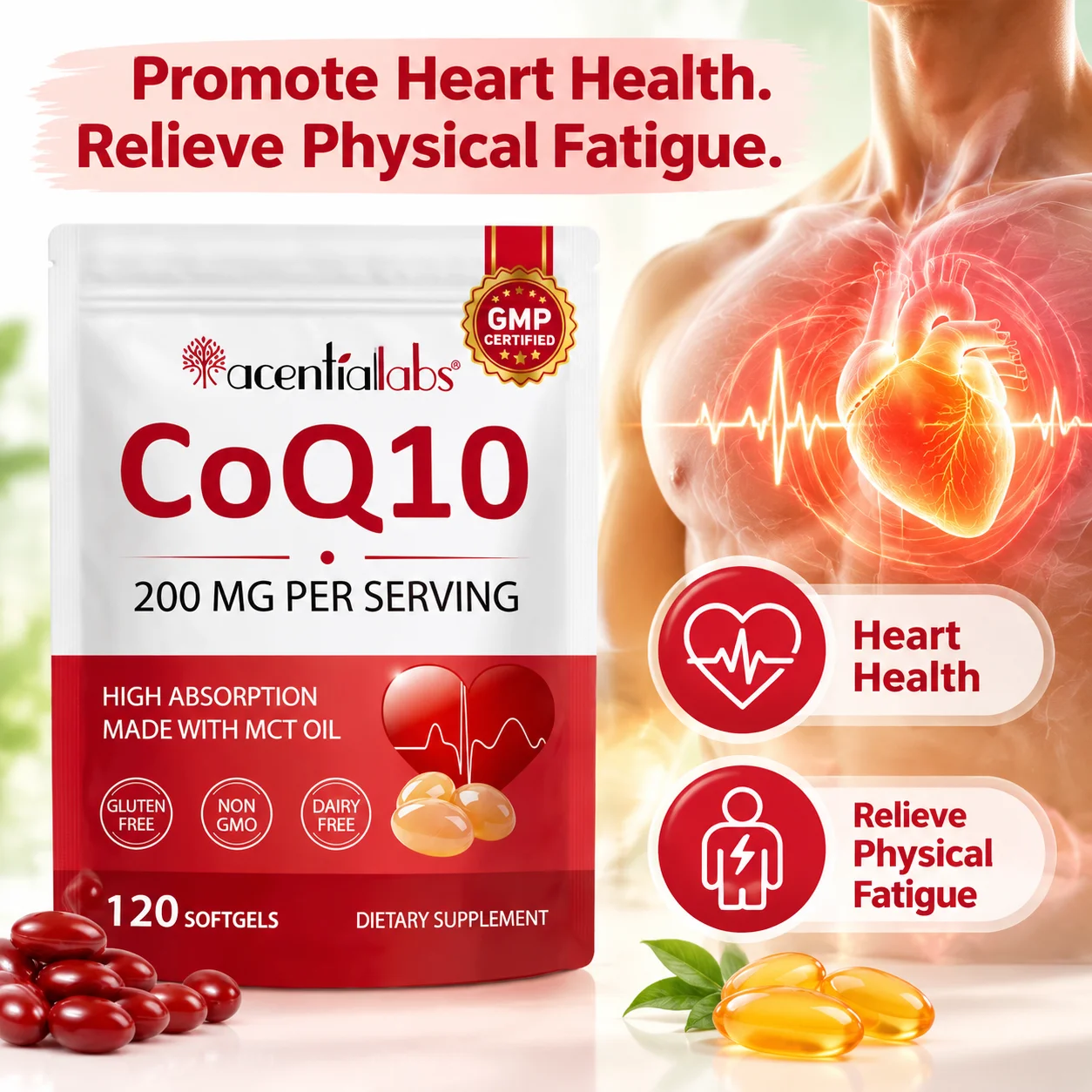 CoQ10 Softgels Promote Heart Health Relieve Physical Fatigue Enhance Cellular Power Increase Nutrient Absorption 120 Softgels