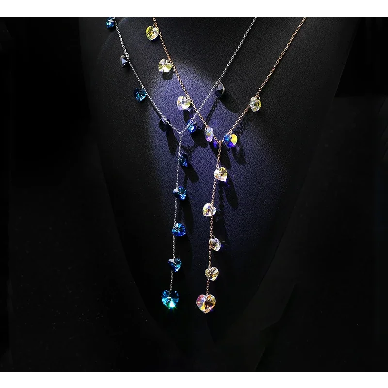 Romantic Heart Beads Necklace Real Crystals From Austria Silver Color Long Chain Tassel Jewelry For Women Wedding Valentines Day
