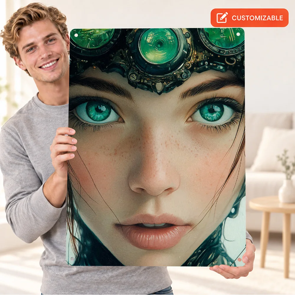 Steampunk Woman Portrait Printed Poster Bold Contemporary Illustration Studio Wall Art Customized Aluminum Metal Sign Fan Gift