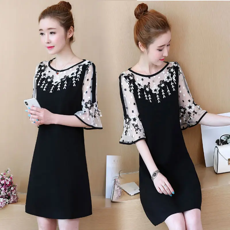 Summer New Embroidery Black Loose Mini Dress O-neck Plus Size Solid Color Elegant Ladies Dresses Vintage Fashion Women Clothing