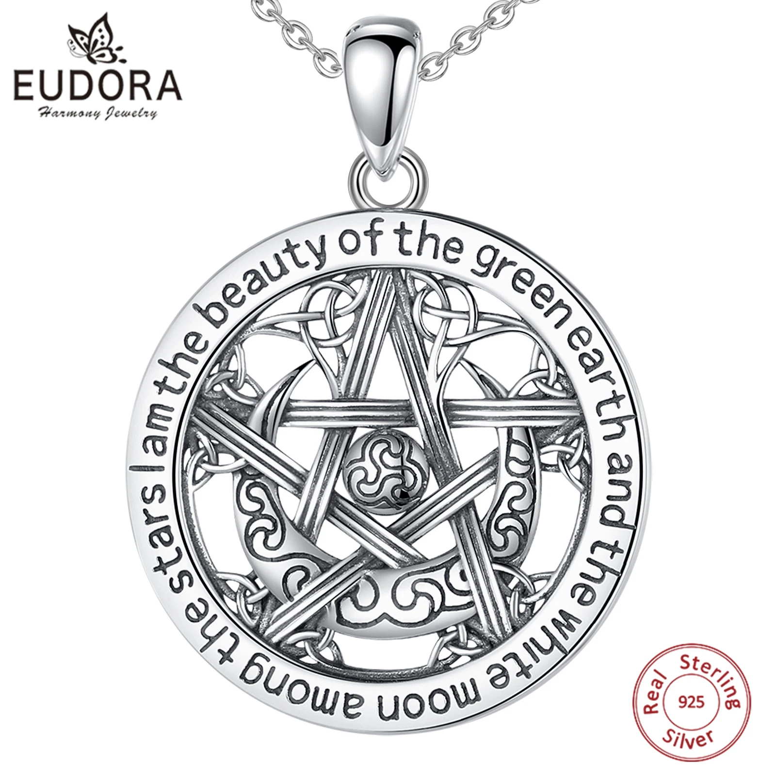 Eudora 925 Sterling Silver Witch Knot Pentagram Necklace for Man Women Triple Moon Goddess Witchcraft Pendant Personality Gift