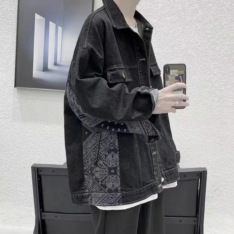 Oversize with Print Cowboy Coat for Men Y2k Original Low Price Outwear High Quality Cowgirl Worn Lxury Casual Denim Jackets Man