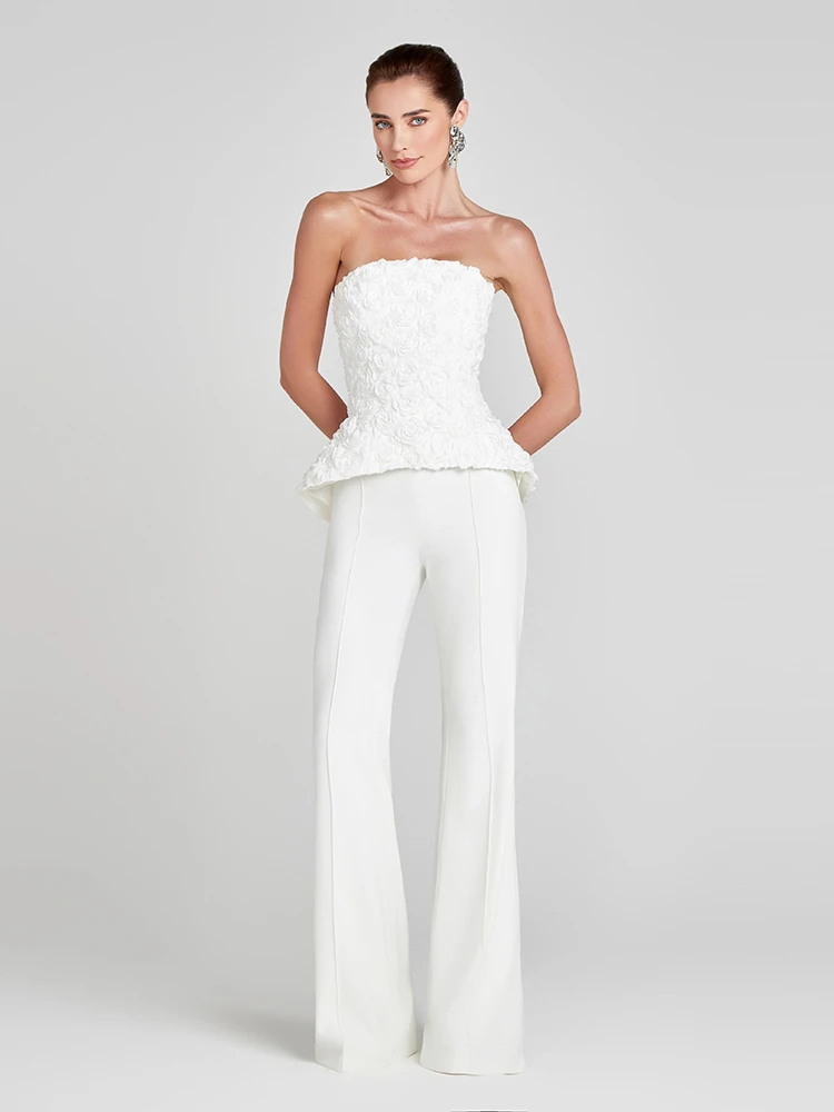 

Women Withe Pants Two Piece Set Sexy Strapless 3D Flowers Top + Flare Pants Sets Evening Party Cocktail Suits
