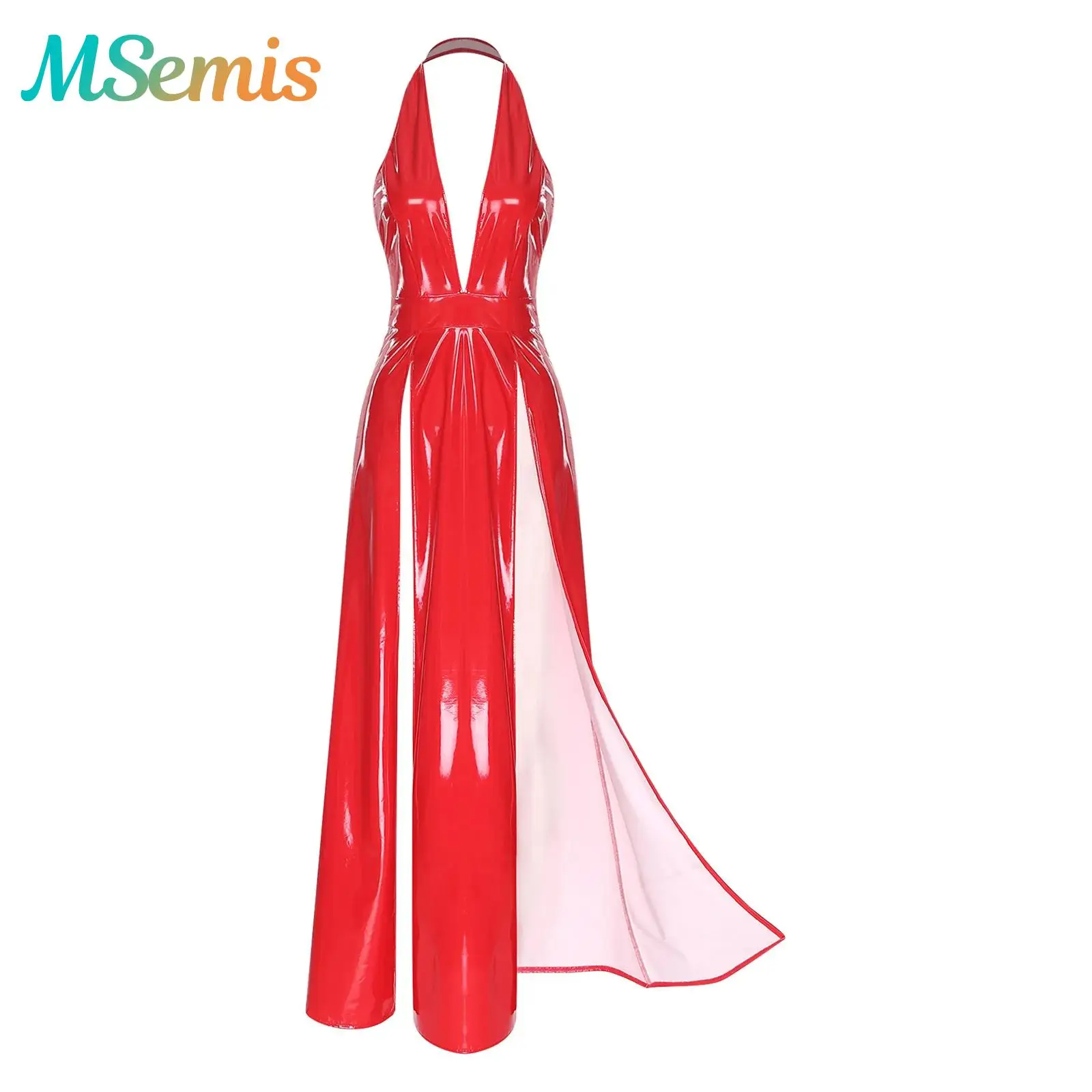

Womens Glossy PU Leather Latex Maxi Dress Clubwear Deep V Neck Halter Open Back High Waist High Split A-line Dress Rave Costume