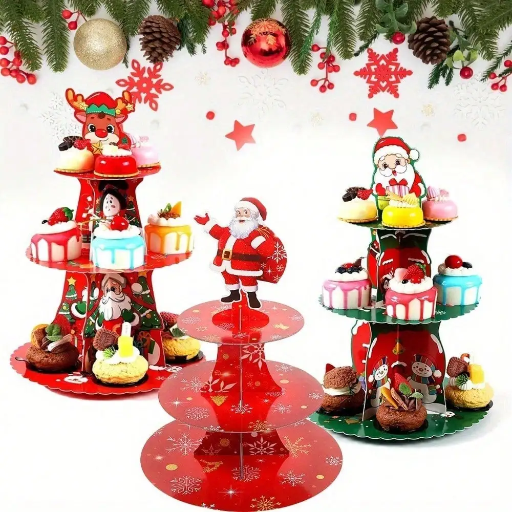 3-tier Cake Stand Christmas Cake Stand Festive Holiday Cupcake Stands Cardboard Dessert for Party Xmas Decoration Ornaments