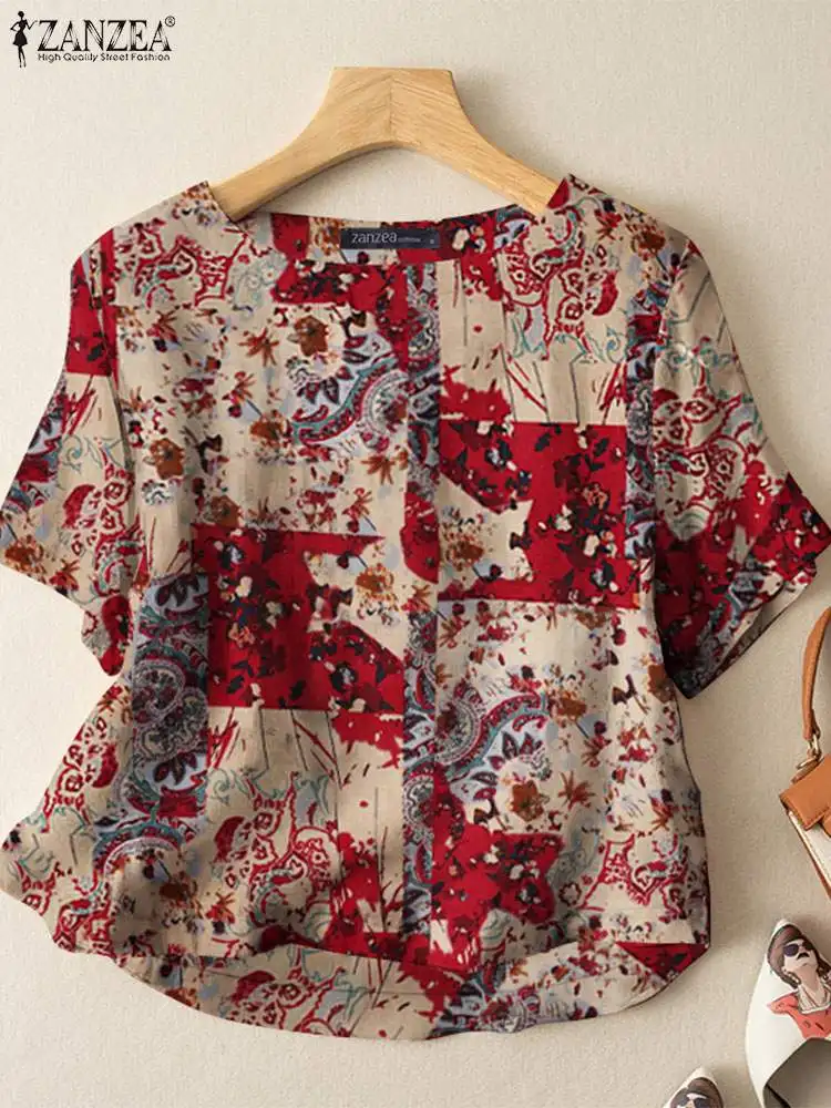 ZANZEA Summer Vintage Bluzka z krótkim rękawem Kobiety Bohemian Tops Tunic Retro Party Blusas Chemise Casual Floral Printed Work Shirt