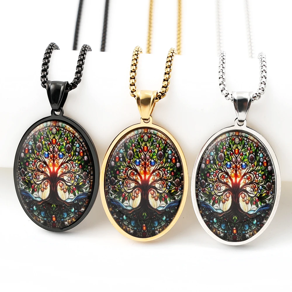 Tree Of Life Pendant Necklace For Women Men Stainless Steel Gold Color Glass Plant Faith Love Chain Male Jewelry Accessory