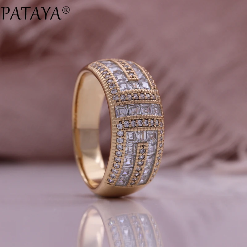 PATAYA Vintage 585 Rose Gold Color Jewelry Set Pattern Double Row Sparking Natural Zircon Wedding Earrings Ring