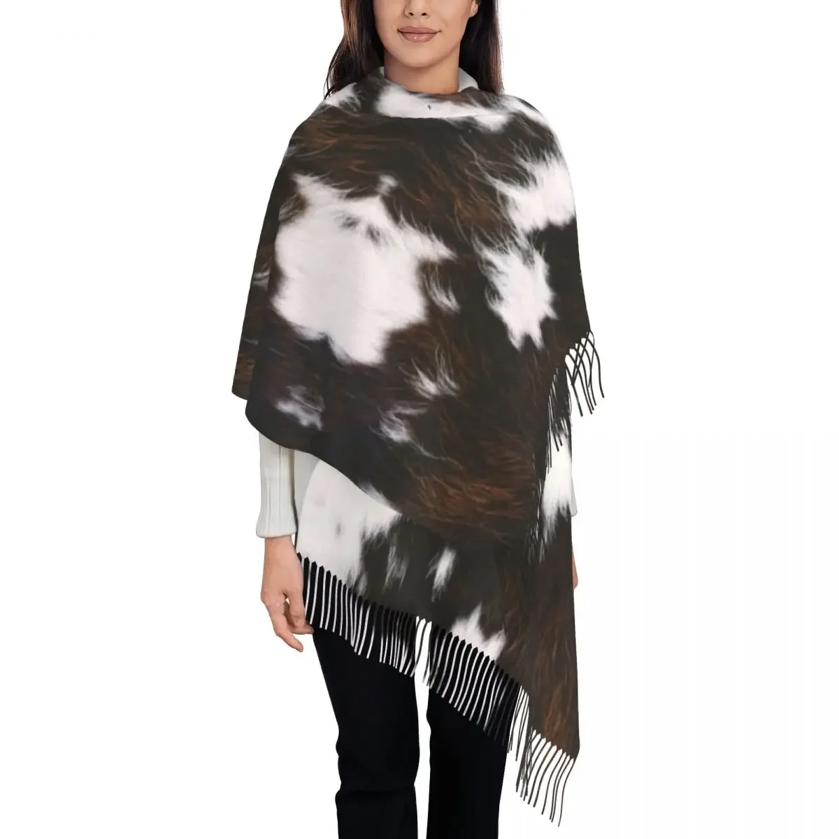 Dark Brown Cowhide Tassel Scarf Women Soft Animal Hide Fur Skin Leather Texture Shawls Wraps Female Winter Fall Scarves