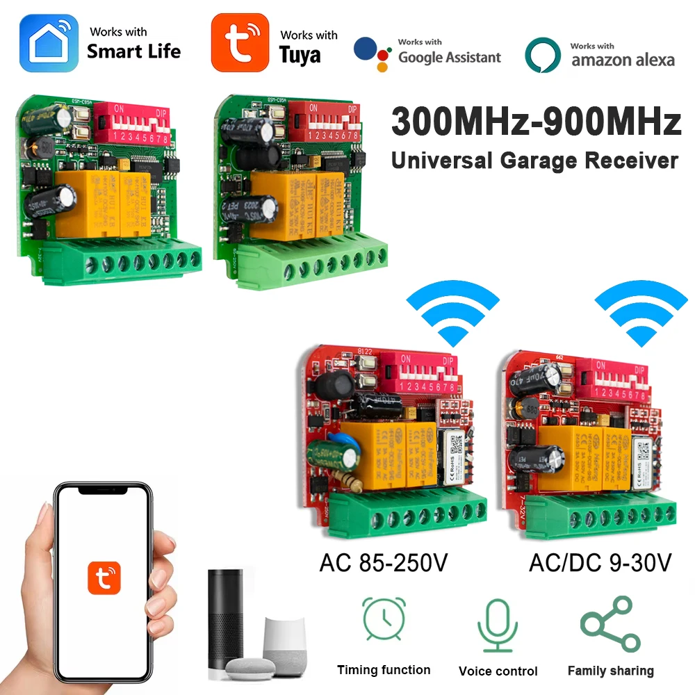 Wifi / RF Receptor Universal Garage Door Opener Tuya 433mhz 868mhz 300-900MHz Gate Receiver Controller 2 Channel Momentary Board