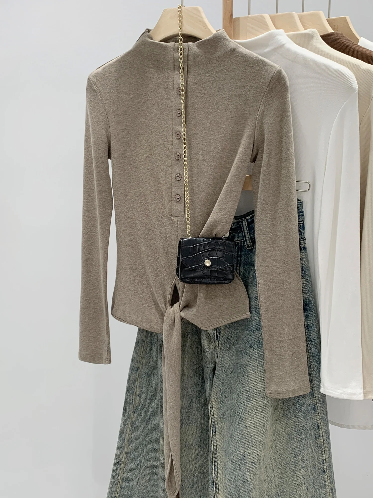 Unique Design Half High Collar Tie Waist Base Shirt Women's Autumn Winter Slimming Korean Style Long Sleeve T-Shirt Citywalk ...