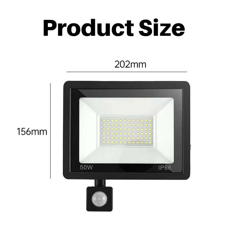 Luzes de segurança 50W com sensor de movimento externo PIR holofote para jardim, IP66 à prova d'água, branco, 6000K, luzes externas-ABXK