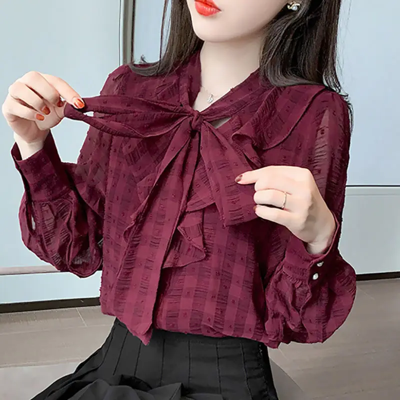 Elegant V-Neck Lantern Sleeve Spliced Ruffles โบว์เสื้อชีฟองเดินทางเสื้อฤดูร้อนฤดูใบไม้ร่วงหวานผู้หญิงเสื้อผ้าเสื้อ