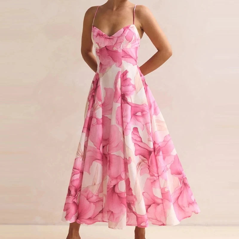 

Elegant Off Shoulder Pleat Party Dress Fashion Floral Printed Halter Evening Dress Summer New High Waist Sleeveless Swing Dress