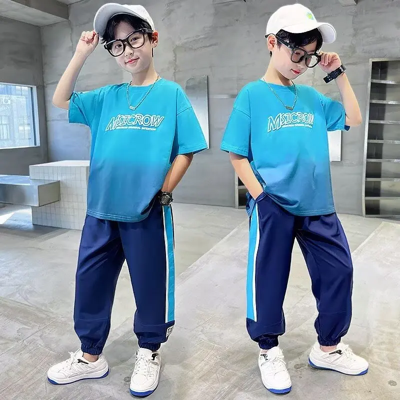 Summer Boys Girls Set Korean High Street Fashion Kids Breathable T-shirt Sports Pants 2 Piece Set High Quality Children's Suit