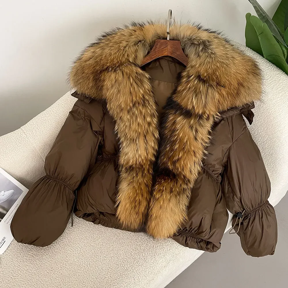 

2024 Big Real Fox Raccoon Fur Collar Winter Jacket Women Natural Warm Duck Down Coat Short Outerwear Streetwear Loose Casual