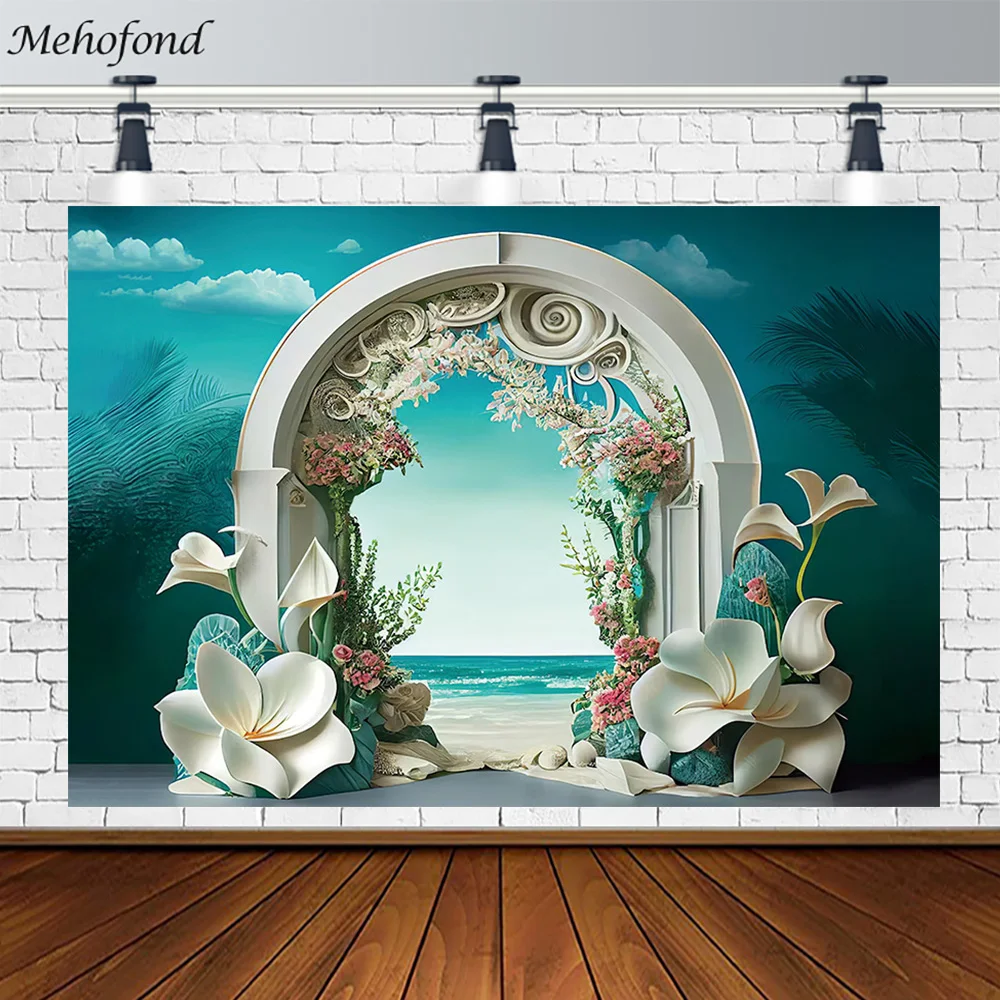 

Mehofond 3D Photography Background Frangipani Seaside Arched Door Wedding Portrait Photo Backdrop Beach Party Decoration Banner