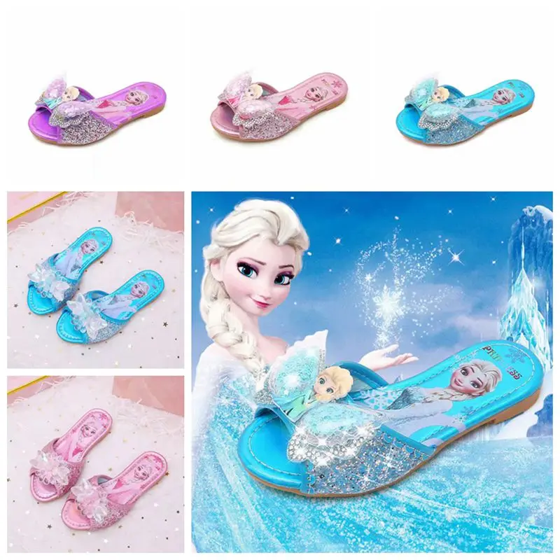 Disney Girls Slippers Cartoon Frozen Elsa Print Summer Children Lovely Soft Bottom Outdoor Princess Flat Kid Non Slip Hole Shoes