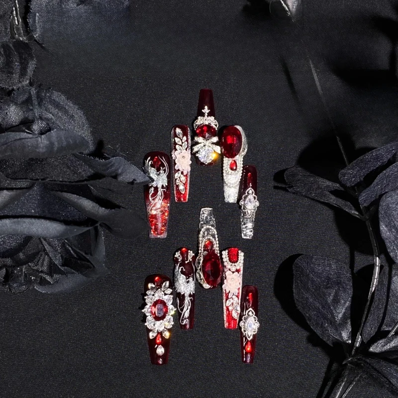 Handmade wear New Year's white manicure wedding flow hemp burgundy engraving ice through