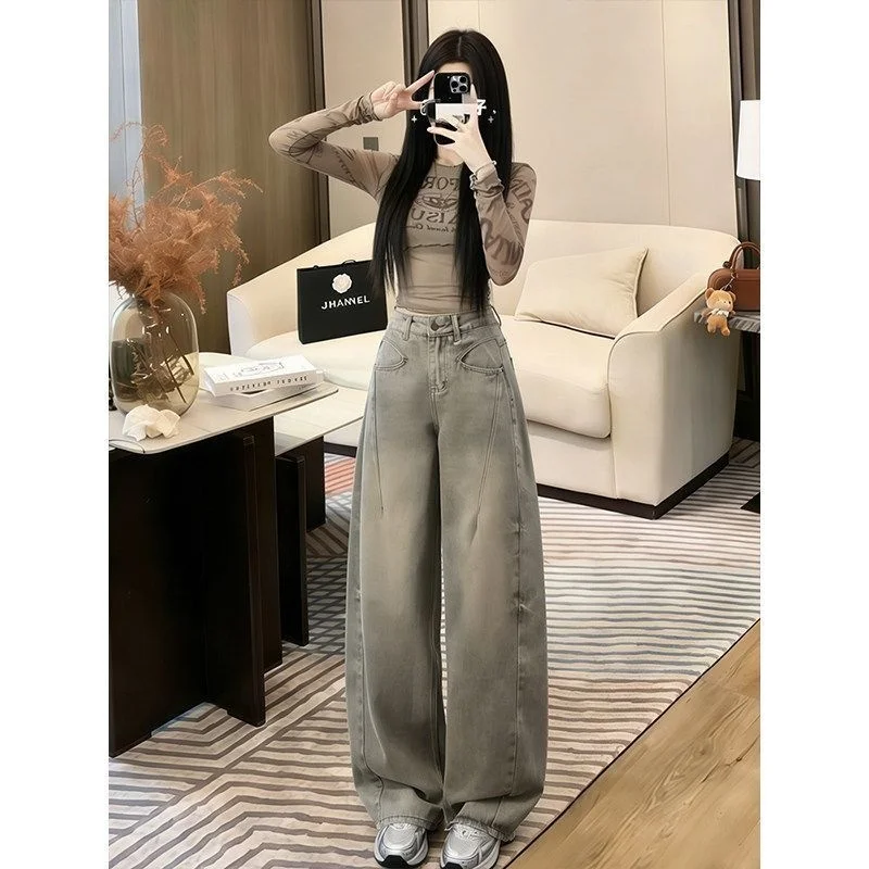 

Retro American Light Denim Jeans Women's Korean Version Loose High Waist Frayed All-Match Wide Leg Straight Floor-Length Pants