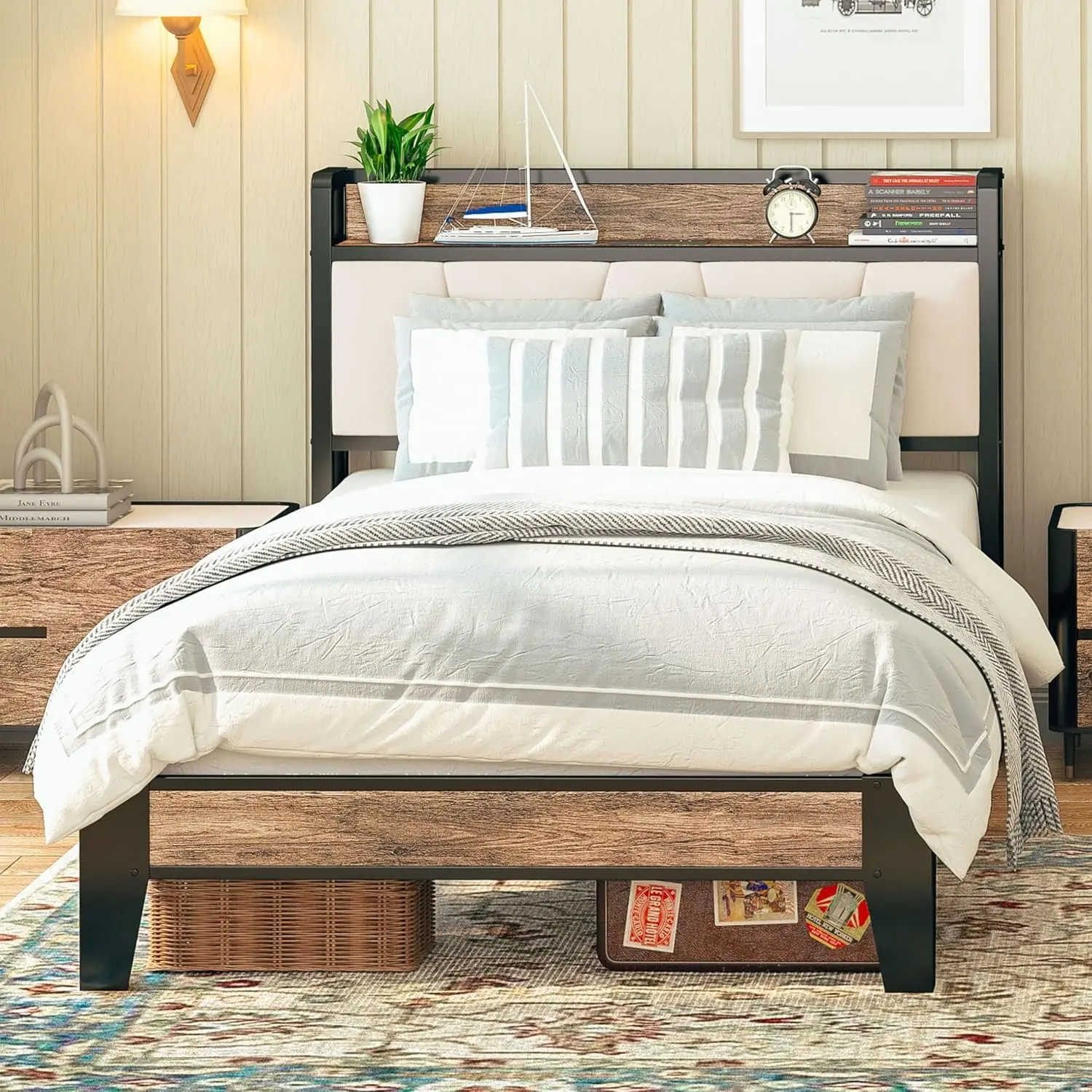 Twin Bed Frames, Storage Headboard with Charging Station, Solid and Stable, Noise Free, No Box Spring Needed(Walnut and Beige)