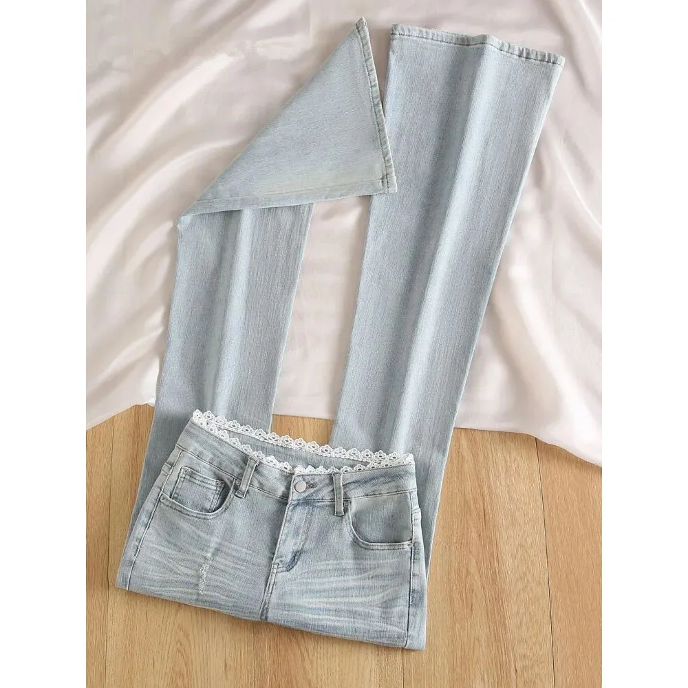

Light Blue Slightly Pulled Jeans Women's 2026 Spring Autumn New Slim Thin Lace Flared Long Denim Pants Ladies Bell-bottom Jeans