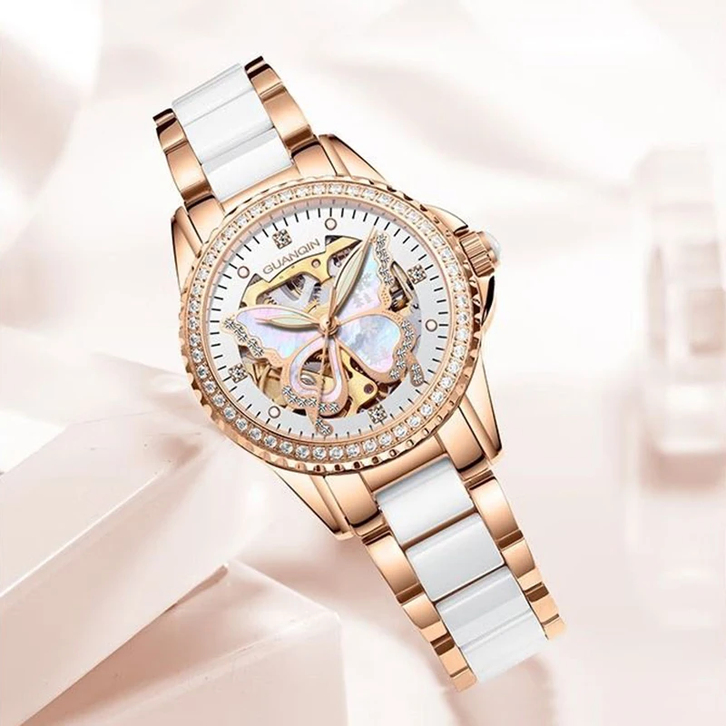 Guanqin relógio automático feminino luxo mecânico borboleta motivo esqueleto mostrador de aço lazer 50m à prova dwaterproof água relógios luminosos