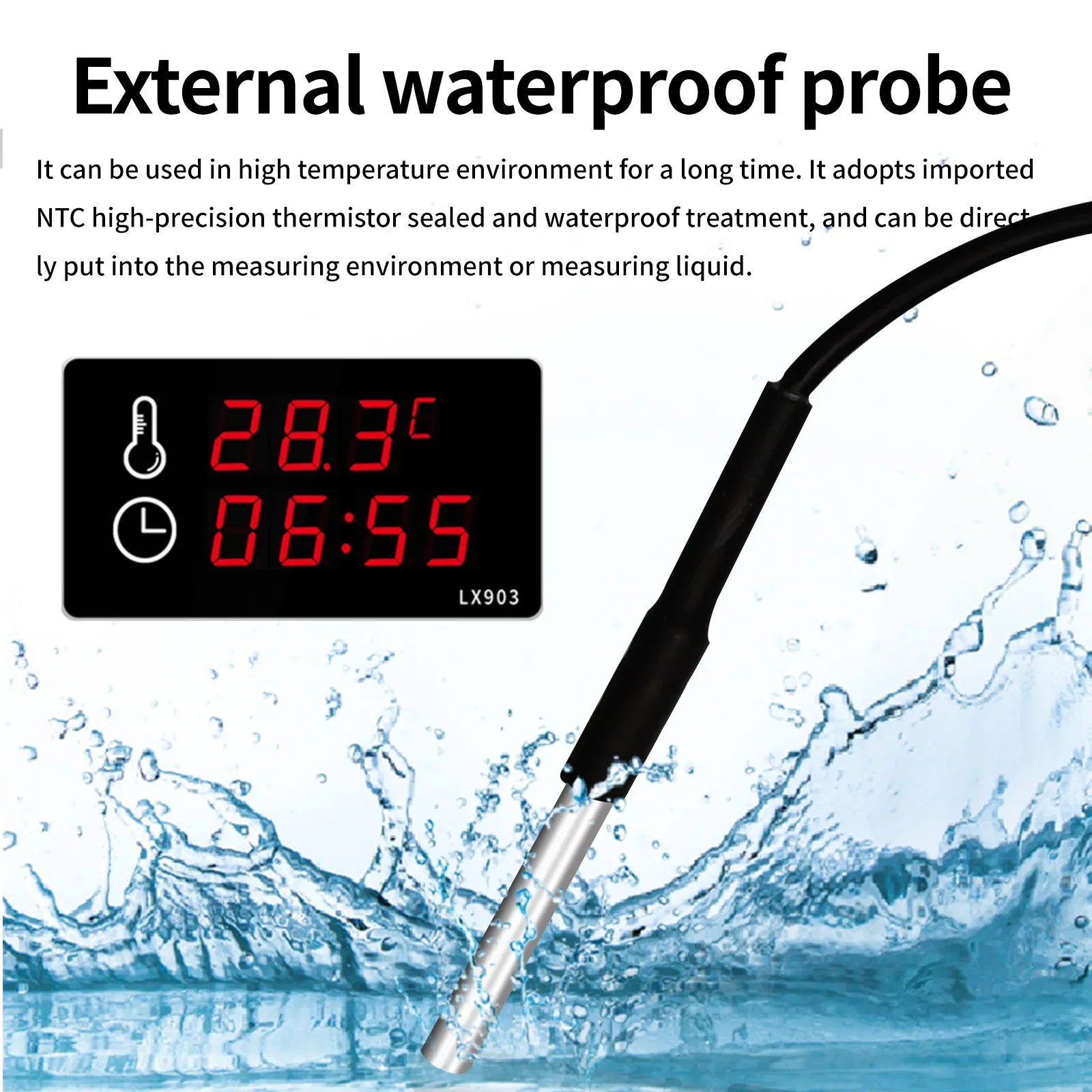 Large screen LED display wall mounted industrial thermometer instrument clock with external waterproof probe swimming pool