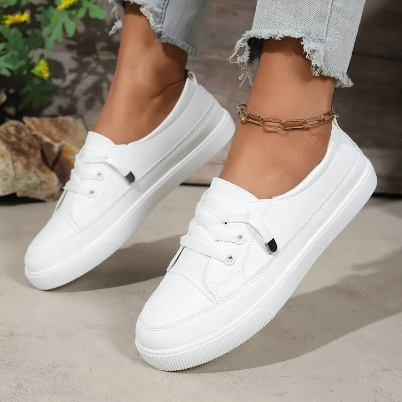 Women's Sneakers Round Toe Casual Flat Shoes Textured Upper Slip-On Design Ribbed Outsole Metallic Lace Detailing for Daily Wear view 5