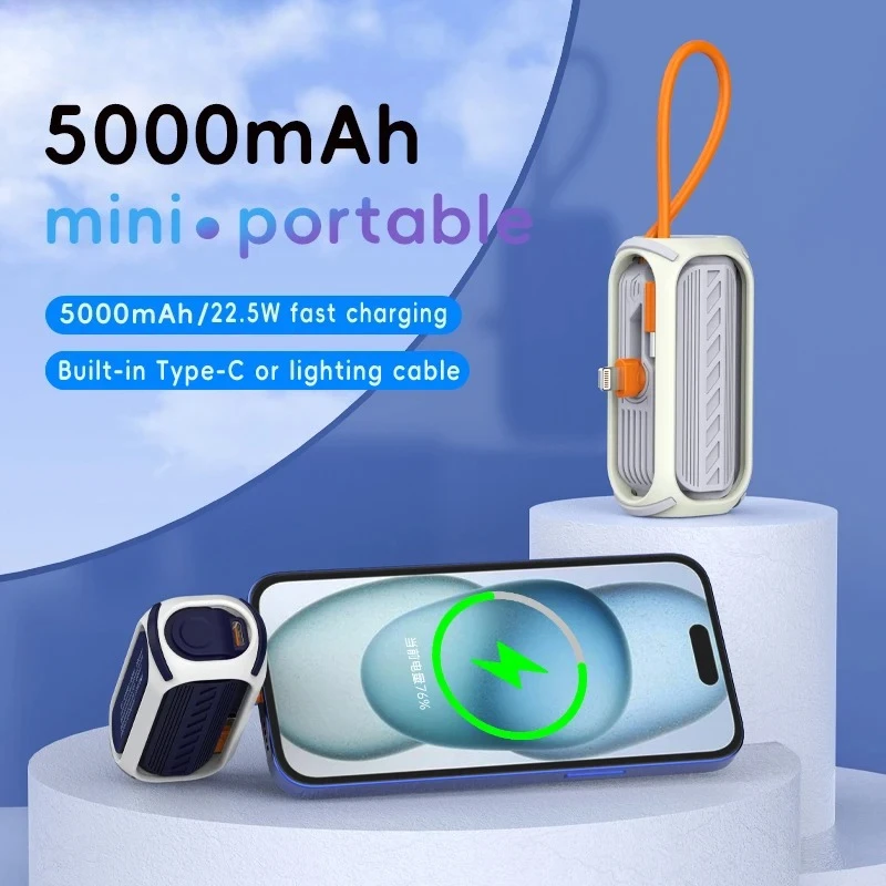

5000 мАч Power Bank 22,5 Вт, портативный портативный аккумулятор с быстрой зарядкой и кабелем USB C PD, мини-мобильный внешний запасной аккумулятор для iPhone, Samsung, Xiaomi