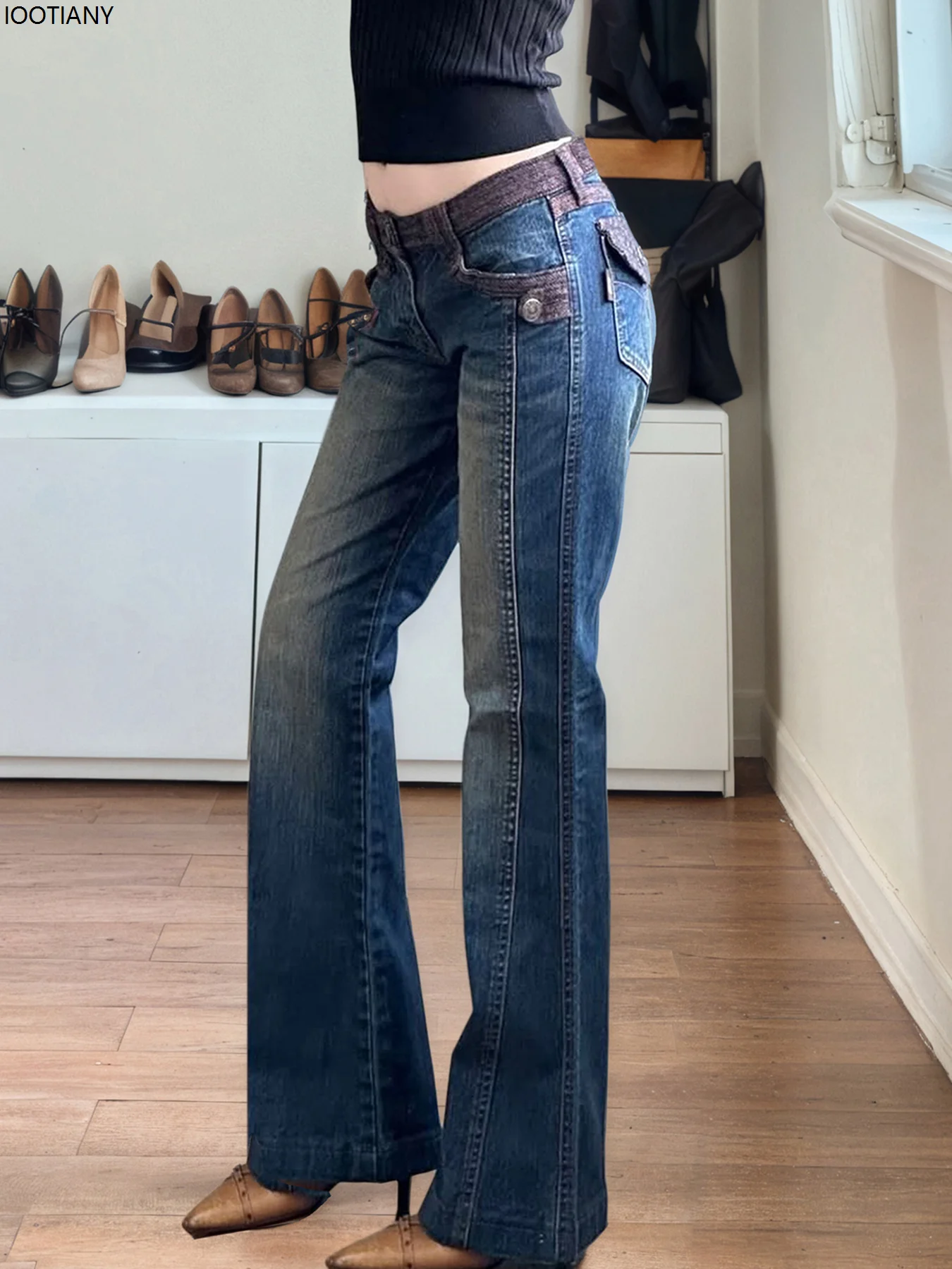 Retro Patchwork Brown Loose Jeans Classic Ladies 2000s Outfit Sexy Low Waist Slim Flared Jeans Hot Girl Y2k Aesthetic Trousers