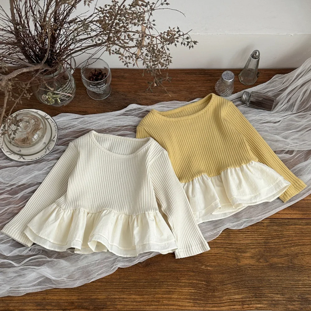Autumn Baby Girls Clothes Ribbed Long Sleeve Tops Autumn Double Layer Infant Blouse Hem Crew Neck Basic Shirts