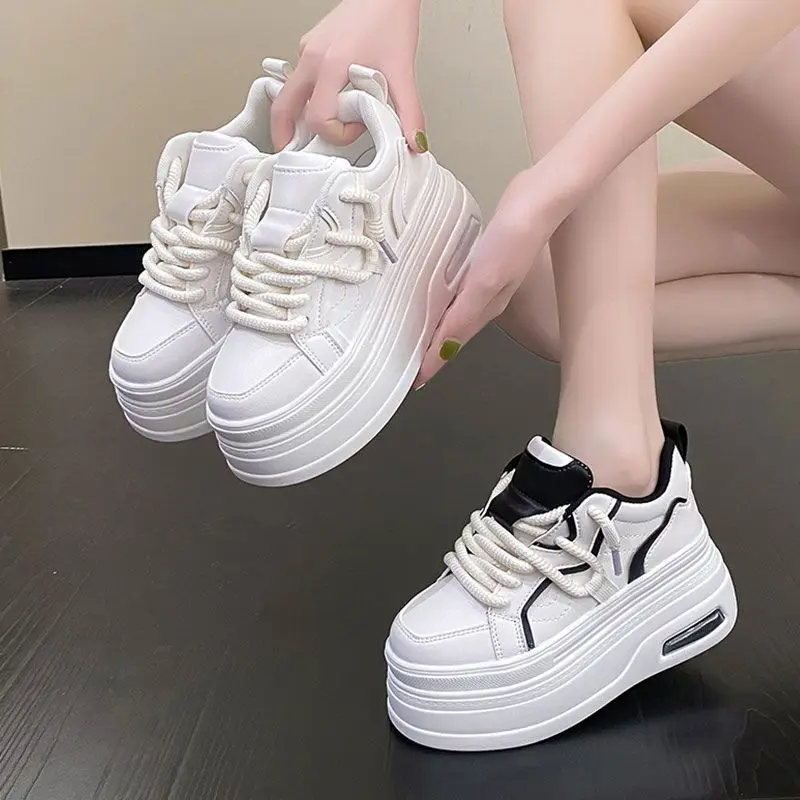 Fashion Platform Sneakers Women Spring Autumn Comfort Round Toe Lace-up 8CM Thick Bottom Black White Casual Sport Shoes