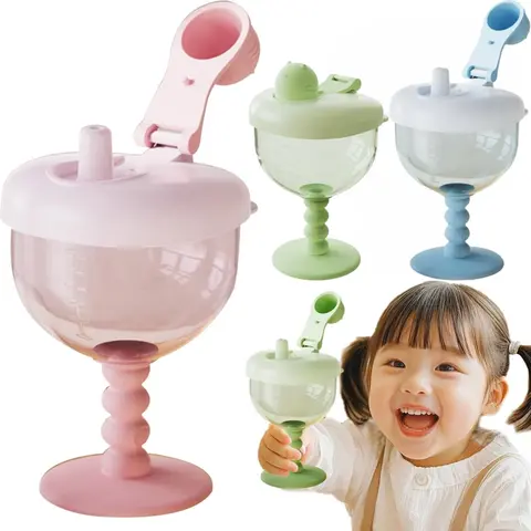 Baby Goblet Cup with Lid Cute Wine Glass Design Travel Toddler Sippy Cup 180/150ML Leak-Proof Beverage Mug Milk Bottle Kids Gift