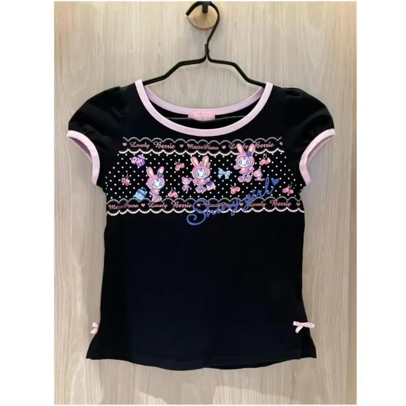 

Japanese T-shirt Cute Sweet Girls Short Sleeves Crop Top Harajuku Women Lolita Kawaii Black Y2k Summer 2024 Casual Tees