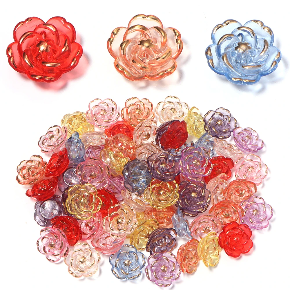 30pcs/lot Transparent Colorful Rose Acrylic Beads Flat Back Flower Loose Spacer Beads For Jewelry Making DIY Necklace Bracelet