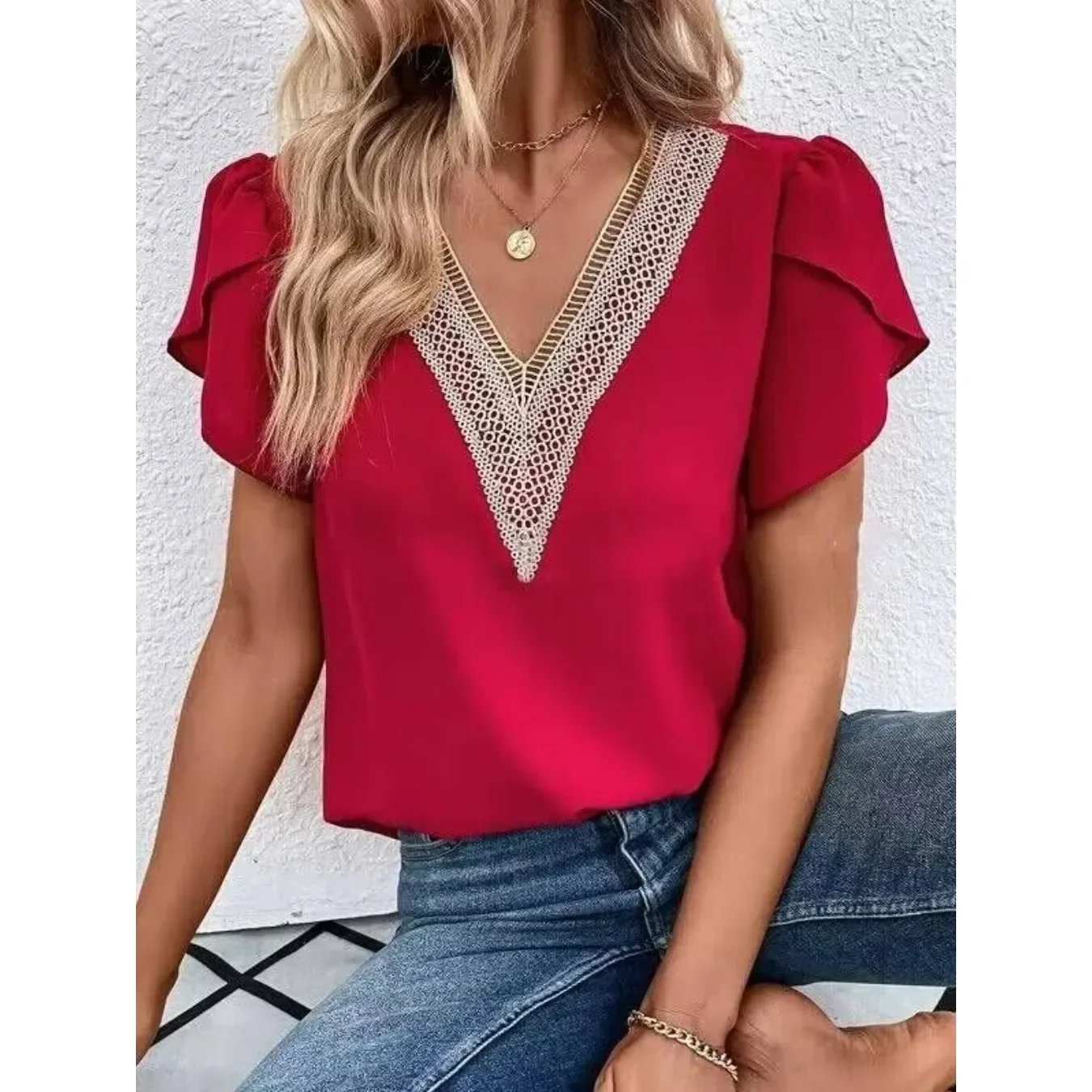 Women\'s Summer New V-Neck T-shirt Tops  Sleeve Fashion Solid Color Temperament Blouse  Petal Sleeve Short Tops