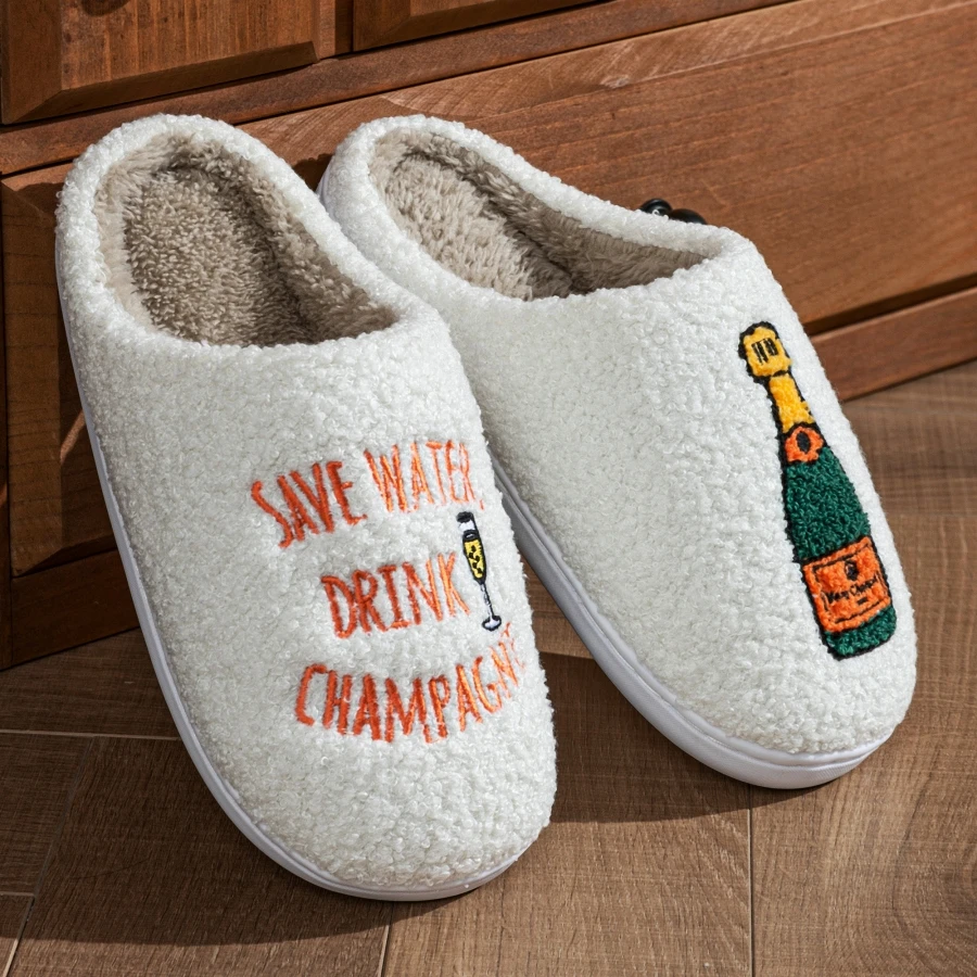 Men's Winter Slippers Cute Cup Embroidery Women's Warm Indoor Soft Sole Comfortable Fuzzy Casual Fashion Couple Home Shoes