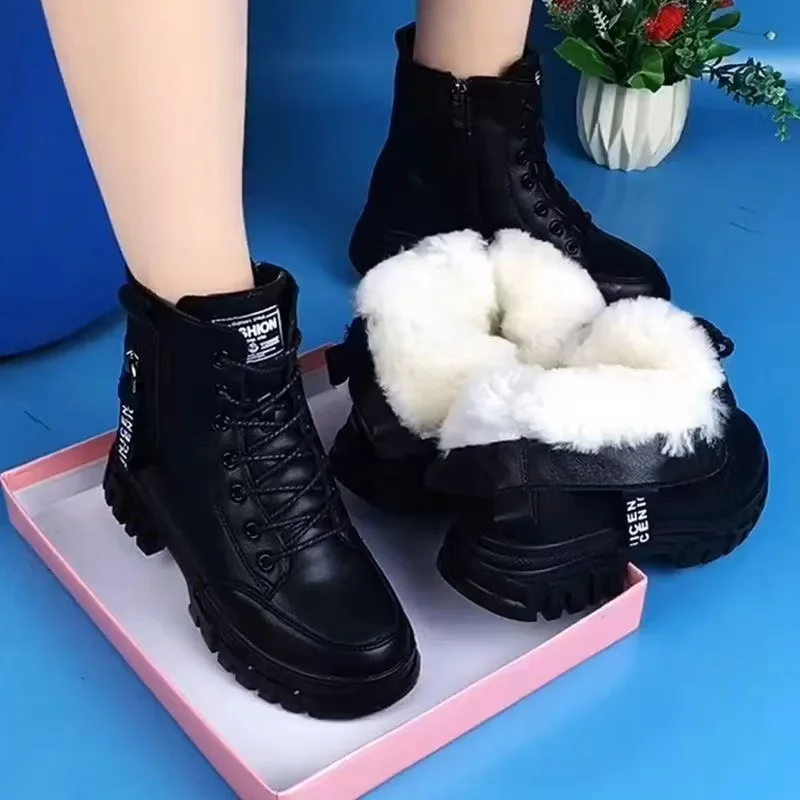 

Winter New Fashionable Soft Leather Martin Boots with Velvet Comfortable Versatile Short Boots British Style Women's Snow Boots