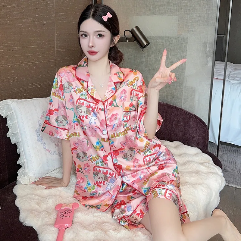 Women\'s Summer Cute Short-Sleeved Shorts Pajamas Homewear Sets Girls Girls Short-Sleeved Shorts Pajamas Ladies Casual Homewear