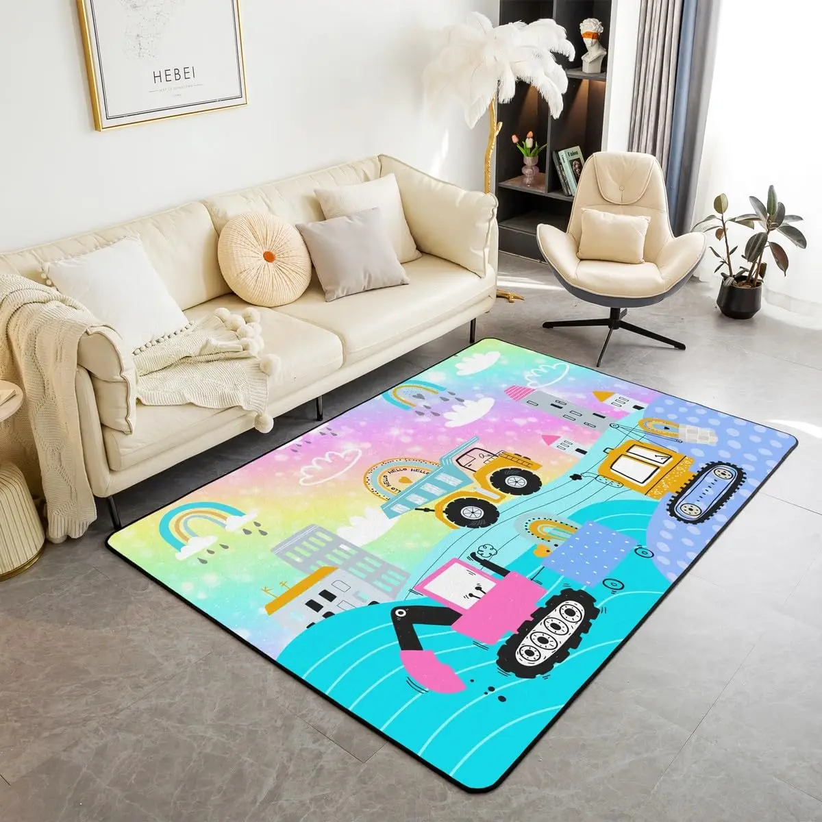 Cartoon Truck Carpet Construction Truck Vehicle Area Rug For Living Room Non Slip Excavator Floor Mat Cute Rainbow Decor Doormat